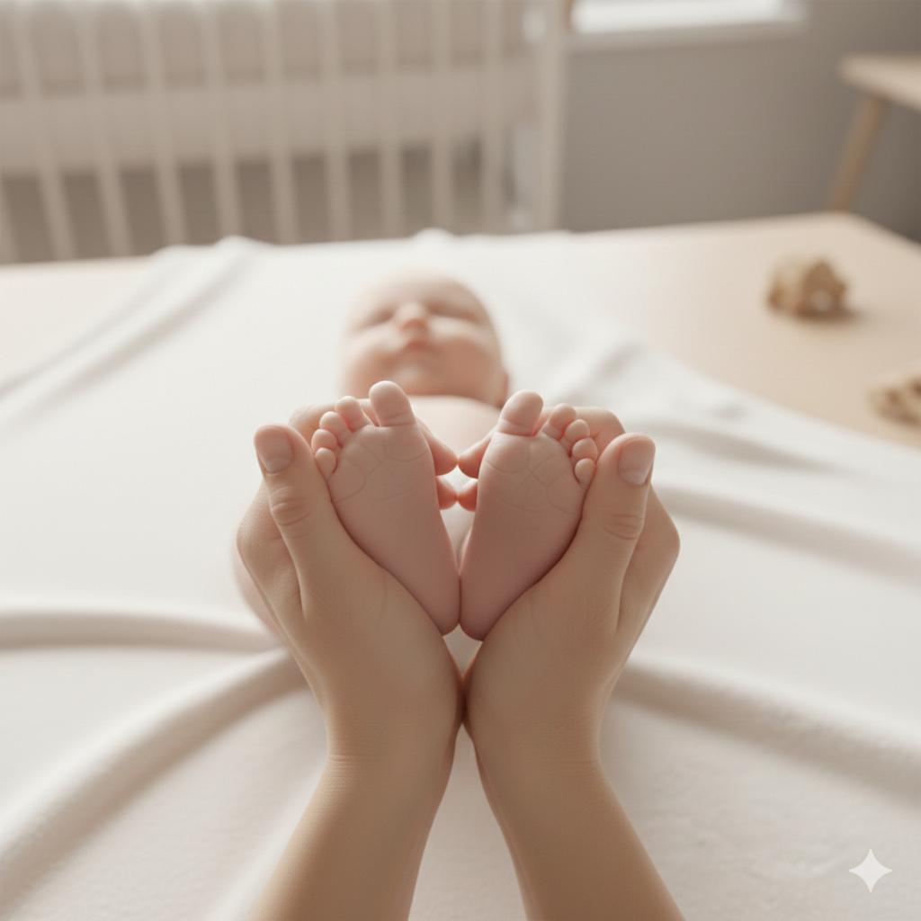 Hände umklammen Babyfüsse wie ein Herz