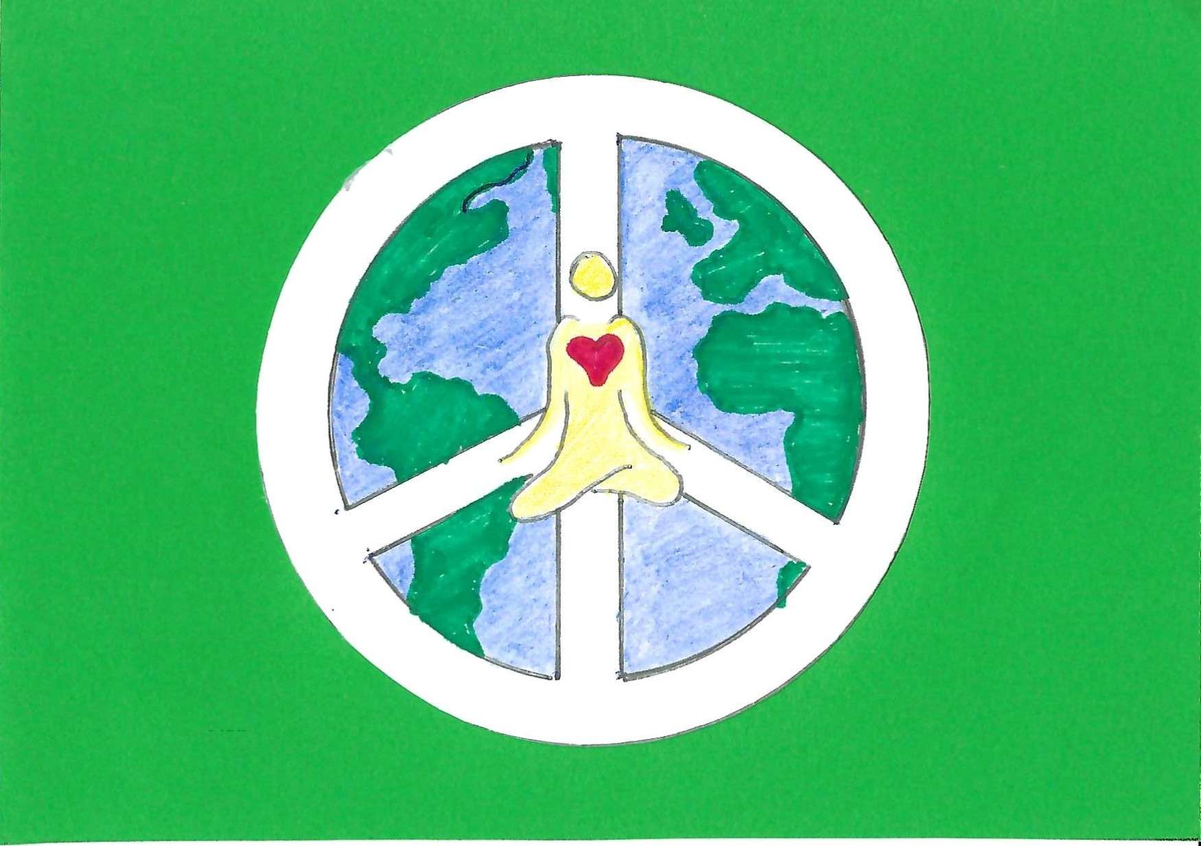 Im Vordergrund mittig sieht man eine Person im Yogasitz, die ein rotes Herz in der Brust hat auf einem weißen Peace-Zeichen. Im Hintergrund sieht man die Weltkugel