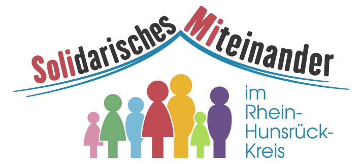 Text Solidarisches Miteinander als Dach über einer Gruppe von Menschen in verschiedener Größe (einfach gezeichnet und bunt). Text im Rhein-Hunsrück-Kreis steht rechts