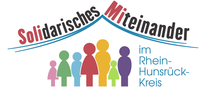 Text Solidarisches Miteinander als Dach über einer Gruppe von Menschen in verschiedener Größe (einfach gezeichnet und bunt). Text im Rhein-Hunsrück-Kreis steht rechts