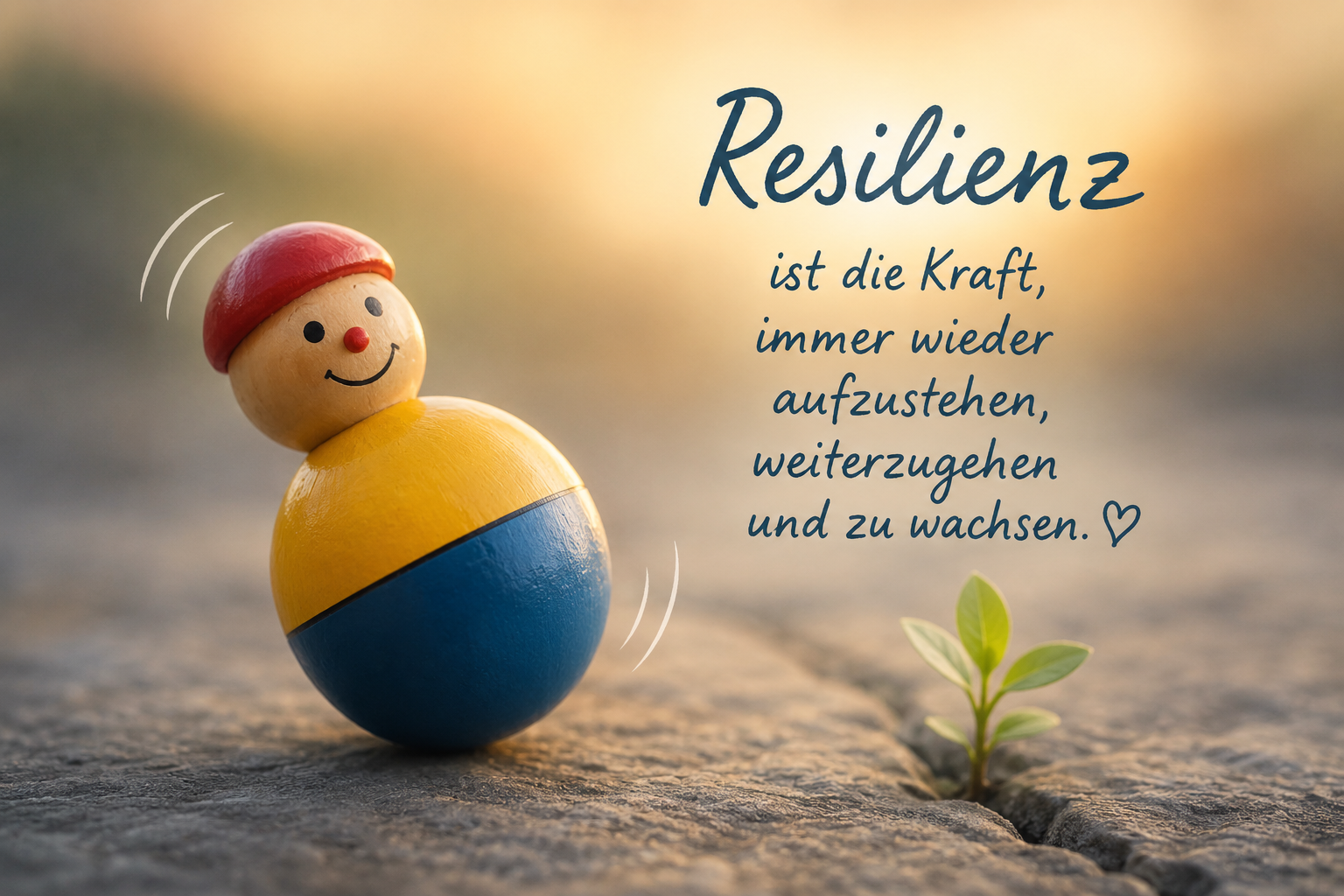 Man sieht ein Stehaufmännchen in blau gelb gehalten mi einer roten Mütze mit einem Text: Resilienz ist die Kraft immer wieder aufzustehen , weiterzugehen und zu wachsen.