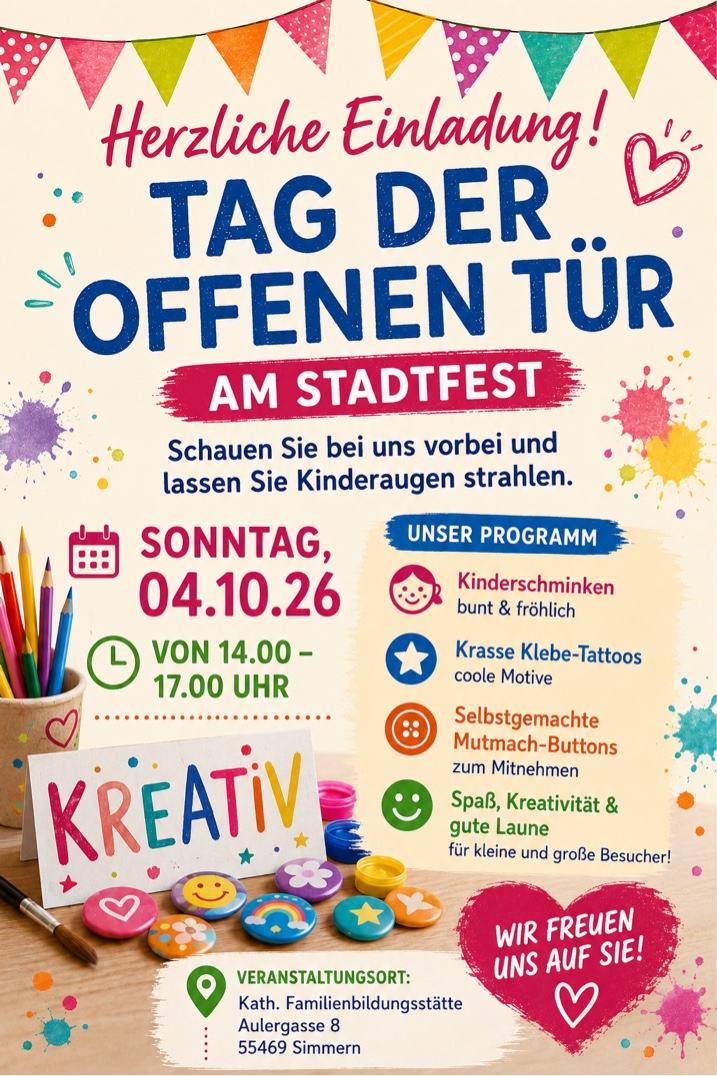 Plakat zum Tag der offenen Tür am Stadtfest 04.10.26 mit dem Kreativprogramm