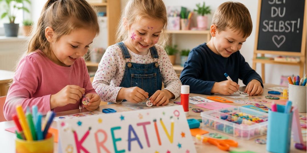 Man sieht drei Kinder (2 Mädchen und einen Jungen) die an einem Tisch malen und basteln. Im Vordergrund steht ein Schild 'KREATIV' und im Hintergrund eine  Tagel mit SEI DU SELBST!