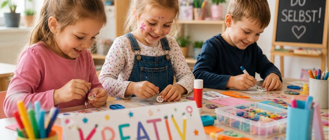 Man sieht drei Kinder (2 Mädchen und einen Jungen) die an einem Tisch malen und basteln. Im Vordergrund steht ein Schild 'KREATIV' und im Hintergrund eine  Tagel mit SEI DU SELBST!