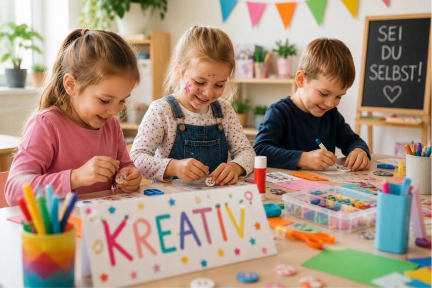 Man sieht drei Kinder (2 Mädchen und einen Jungen) die an einem Tisch malen und basteln. Im Vordergrund steht ein Schild 'KREATIV' und im Hintergrund eine  Tagel mit SEI DU SELBST!