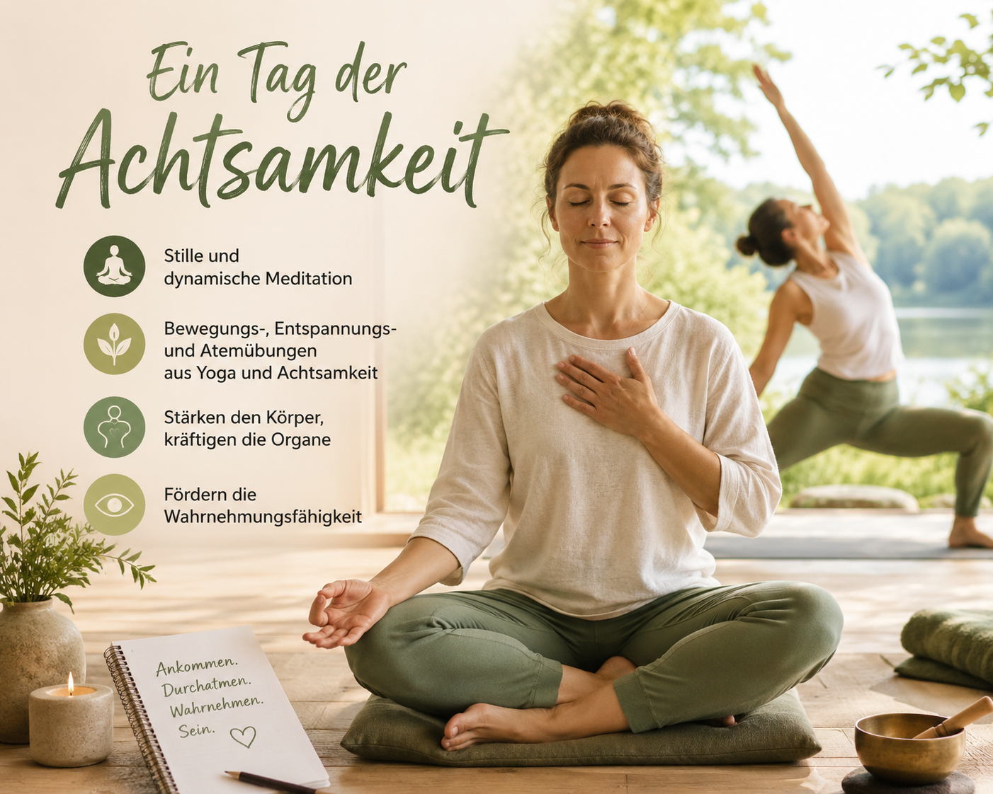 Man sieht je eine Frau im Vordergrund und Hintergurnd, die eine Yoga-Übung macht.